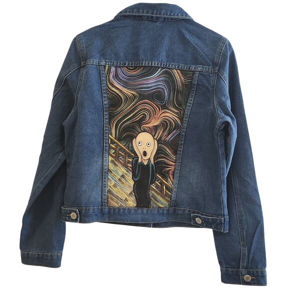 Kina Women's Custom Denim Jacket Hand Paint & Patchwork, Size L - Picture 1 of 5